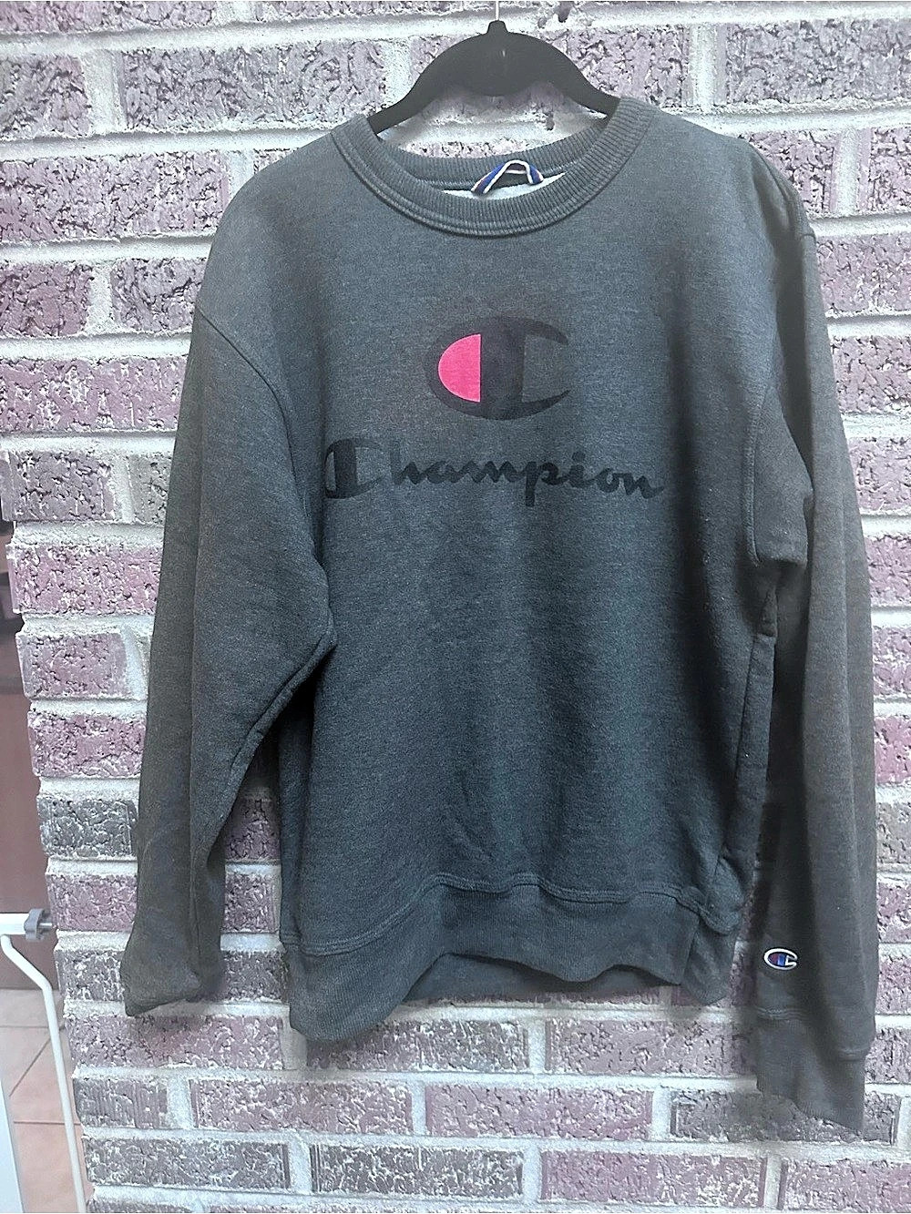 Champion Reverse Weave Script Logo Crewneck Sweatshirt Gray Small